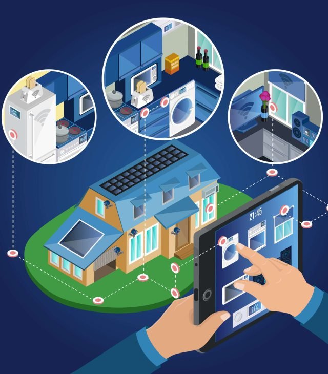 Isometric smart home management concept with remote control from tablet of different appliances and electronic devices vector illustration